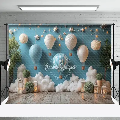 Blue Hot Air Balloon Starry Wall Cake Smash Backdrop - Aperturee