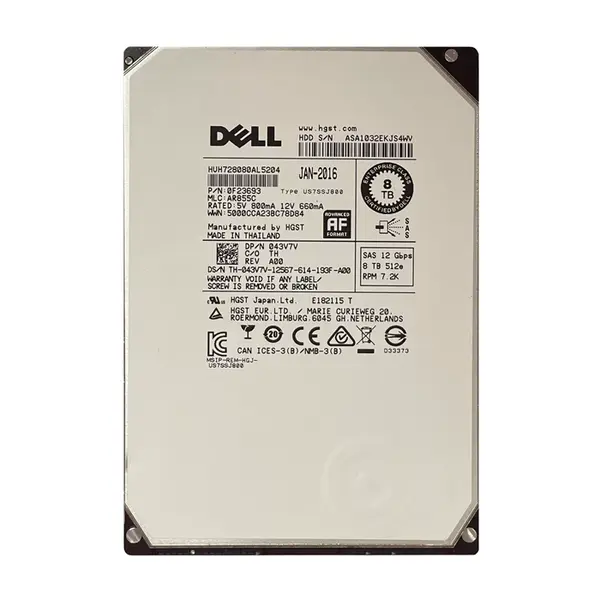 43V7V Dell 8TB 12Gb/s SAS 7200 3.5-Inch Hard Drive