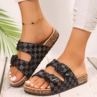 Womens Sandals Stylish Checkered Slip-On Sandals with Buckle for Women and Double Buckle Adjustable Straps