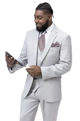 Sharkskin Business Suit - Men's Modern Fit Two-Button Vested in Light Grey