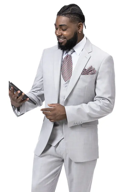 Sharkskin Business Suit - Men's Modern Fit Two-Button Vested in Light Grey