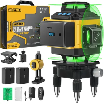 Alloyman 16 Lines Laser Level, Self Leveling 4x360° Green Laser Level with 2Pcs Rechargeable Lithium Batteries/Wall Mount/Re...