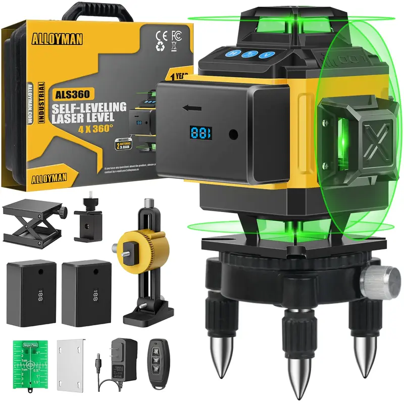 Alloyman 16 Lines Laser Level, Self Leveling 4x360° Green Laser Level with 2Pcs Rechargeable Lithium Batteries/Wall Mount/Re...