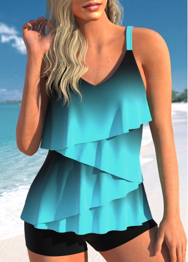 Modlily Layered Hem Ombre Cyan Tankini Set - XL