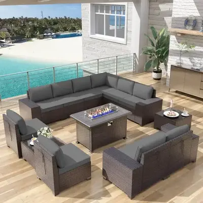 Patio Furniture 12 Pieces Set with Propane Fire Pit Table Outdoor Patio Furniture Outdoor Sectional Sofa 43\