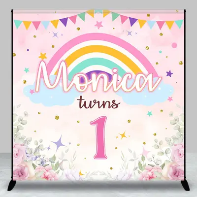 Custom Pink Floral Rainbow 1st Birthday Backdrop - Aperturee
