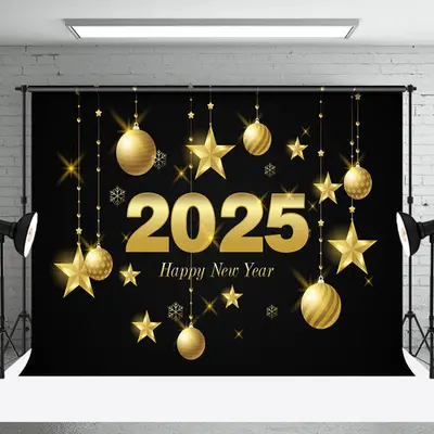 Aperturee Black Gold Bells Stars 2025 Happy New Year Backdrop