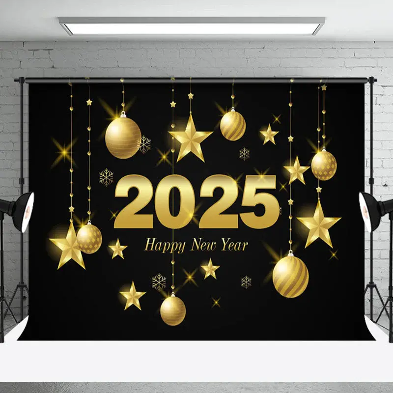 Aperturee Black Gold Bells Stars 2025 Happy New Year Backdrop