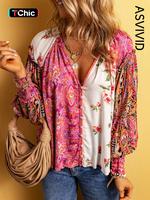 Women's Floral Print Frill Trim Shirred Notched Blouse, Boho Bishop Sleeve Button Front Top for Spring & Fall, Women's Long S...