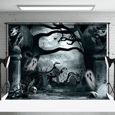 Aperturee Scary Gargoyle Ghost Skull Grave Halloween Backdrop - Aperturee