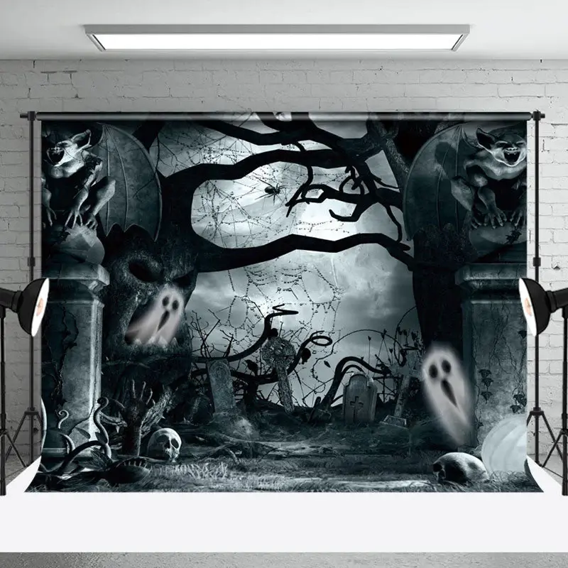 Aperturee Scary Gargoyle Ghost Skull Grave Halloween Backdrop - Aperturee