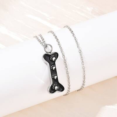 304 Stainless Steel Black Enamel Paw Print Bone Pendant Pet Urn Ashes Necklaces