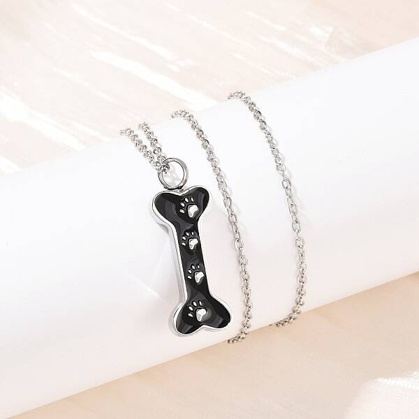 304 Stainless Steel Black Enamel Paw Print Bone Pendant Pet Urn Ashes Necklaces