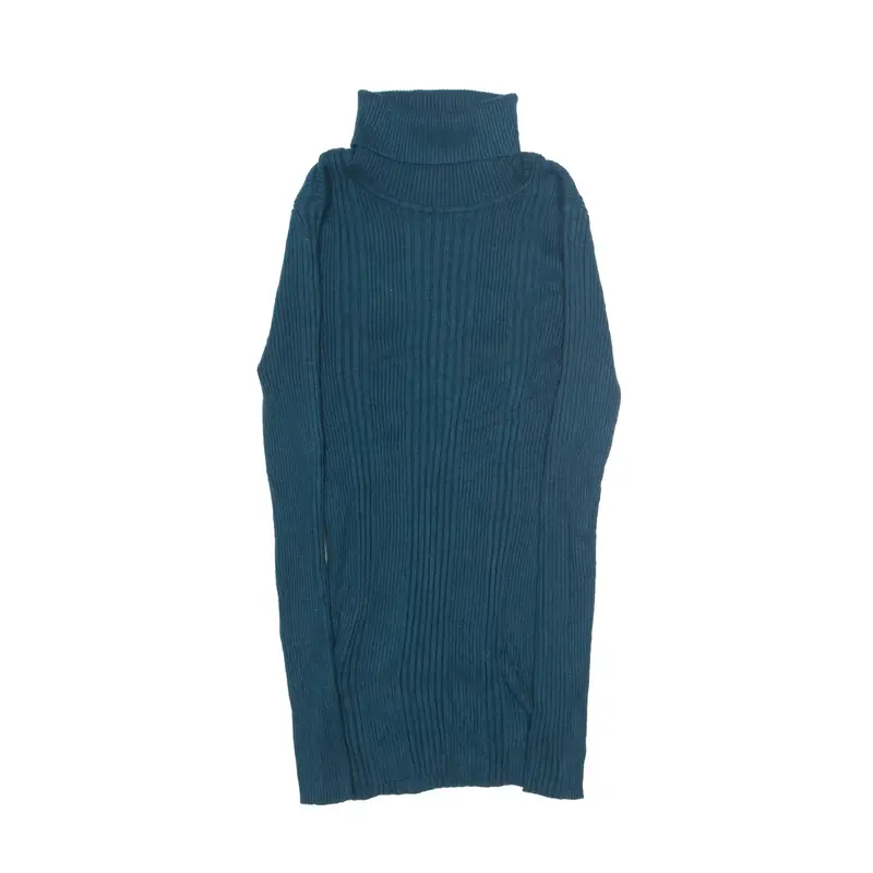 Patterned Jumper Green Chunky Knit Roll Neck Womens XS