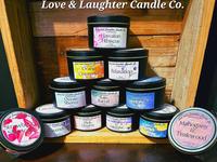 Love and Laughter 7.5oz Soy Wax Tin Candles - All Natural, Decorative Candle for Home Gift Cozy