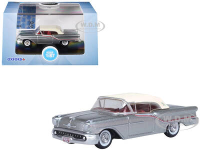 1957 Oldsmobile 88 Convertible (Top-Up) Juneau Gray with White Top and Red Interior 1/87 (HO) Scale Diecast Model Car by Oxfo...