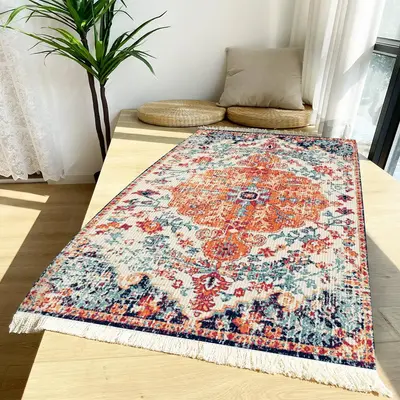 Scroll Print Tassel Trim Mat Area Rug, 1 Count Ethnic Pattern Boho Rectangle Dustproof Carpet For Living Room Decor, Non-Slip...