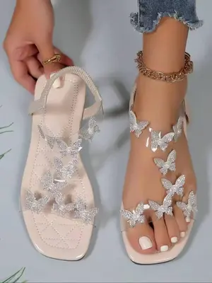Women's Fashionable Rhinestone Butterfly Decor Slide Sandals, Faux Pearl Decor Open Toe Flat Sandals, Designer Sandals for Wo...