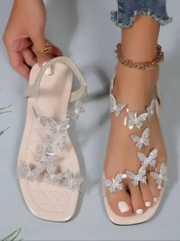 Women's Fashionable Rhinestone Butterfly Decor Slide Sandals, Faux Pearl Decor Open Toe Flat Sandals, Designer Sandals for Wo...