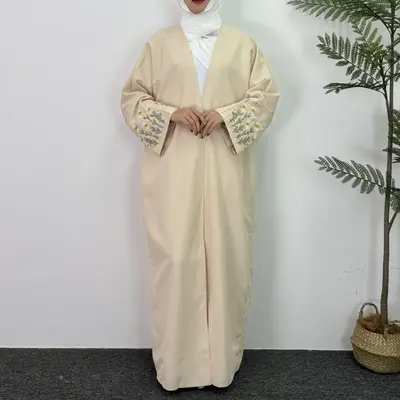 Open Front Abaya Embroidery Floral Flower Long Sleeve Maxi Length Muslim Cardigan Abayas Flowers Kaftan Women Jilbab Women's ...