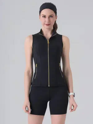 Women's Sports Tank Top and High-Waisted Stretch Shorts Set, Gold Zipper and Pocket Details, 34% Spandex Comfort Fabric, Cool...