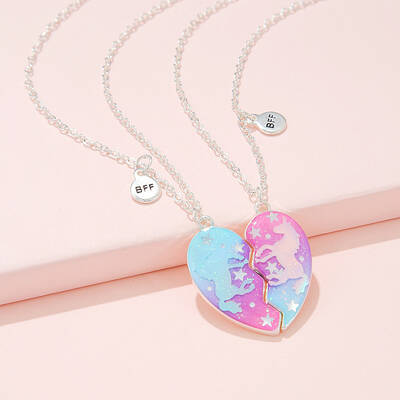 2Pcs Alloy Colorful Enamel Magnetic Unicorn Heart Pendant Friendship Necklaces for Women