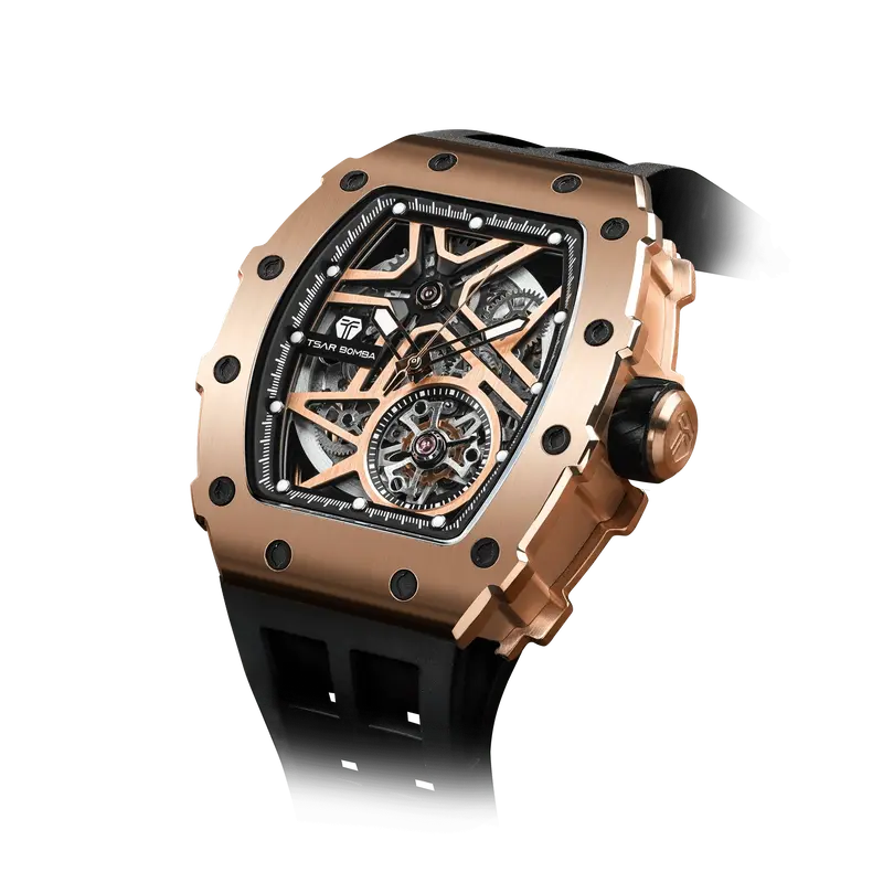 TSAR BOMBA Men's Automatic Watch | Gold Black | Elemental TB8209A | 10ATM Waterproof | Japanese Mechanical Skeleton Movement ...