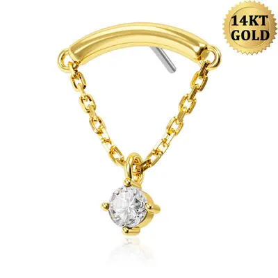 14K Gold Dangle Chain CZ Threadless Earring - 14K Top Only / Horizontal Top