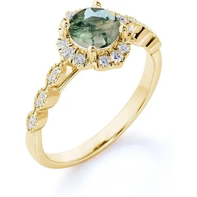 14K Gold Moss Agate Round Ring