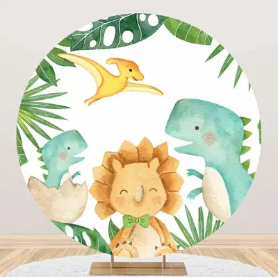 Green Monstera Dinosaurs Round Backdrop For Party - Aperturee