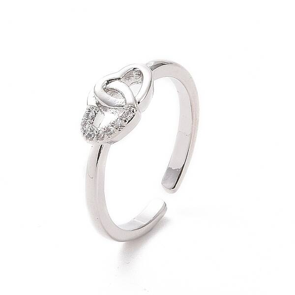 Clear Cubic Zirconia Interlocking Heart Open Cuff Ring