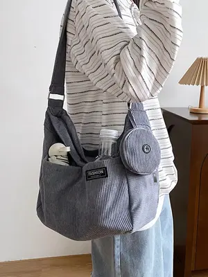 Women's Zip Messenger Bag with Coin Pouch, Solid Color Casual Pocket Design Messenger Bag, Letter Patch Decorated Large Capac...