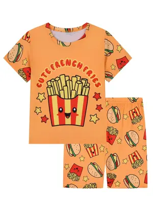 Boy's Cartoon French Fries & Burger Print Pajama Two-Piece Set, Casual Comfy Round Neck Short Sleeve T-Shirt & Shorts PJ Set,...