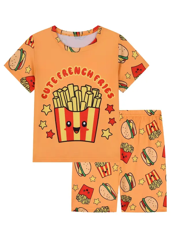 Boy's Cartoon French Fries & Burger Print Pajama Two-Piece Set, Casual Comfy Round Neck Short Sleeve T-Shirt & Shorts PJ Set,...
