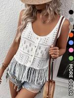 Women's Plain Fringe Trim Button Sweater Vest, Chic Elegant Scoop Neck Sleeveless Knit Top for Summer, Fashion Women's Knitwe...
