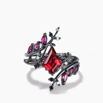 Twig Nature Inspired Bridal Set Kite Cut Ruby Engagement Ring Diamond Band
