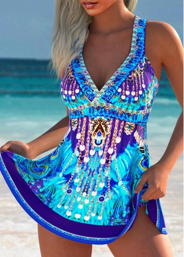 Modlily High Waisted Tribal Print Purplish Blue Tankini Set - XL