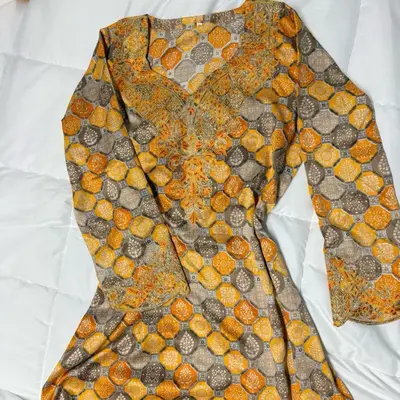 Mukhawara Unique Print Silk Embroidered Dress with V-Neckline and Sleeves in Orange and Gray Color Design