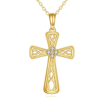 14K Gold Cubic Zirconia Celtic Knot & Cross Pendant Necklace