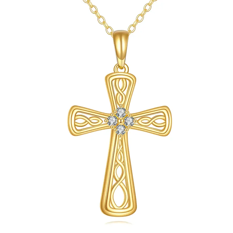 14K Gold Cubic Zirconia Celtic Knot & Cross Pendant Necklace