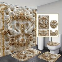 Swan Embossed Shower Curtain Set, 1 Count Waterproof Shower Curtain/4 Counts Set Including Waterproof Shower Curtain, Non-sli...