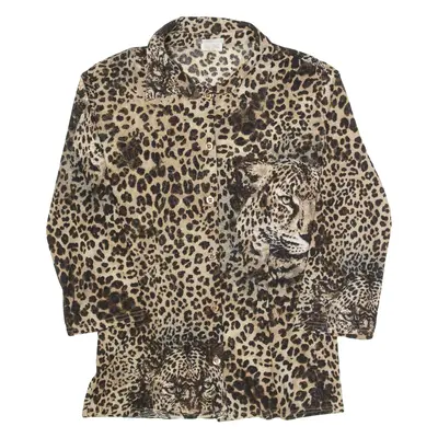Cheetah Print Womens Printed Shirt Brown Collared Long Sleeve Animal Print S