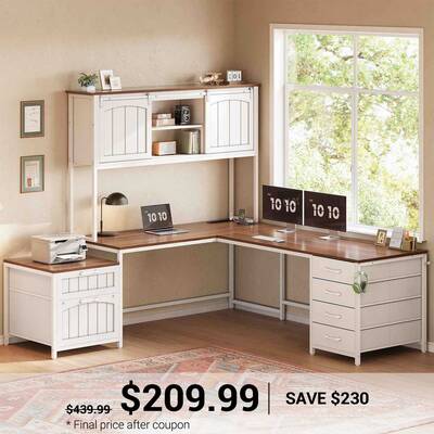 SEDETA | 63 Inch Reversible Computer Desk with 6 Drawers and Storage Shelves Farmhouse L Shaped Office Desk with Power Outlet...