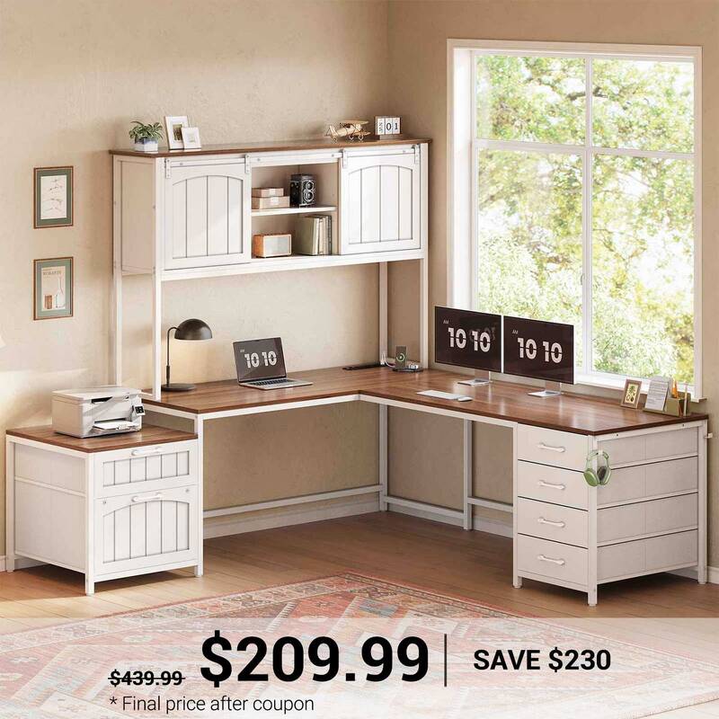 SEDETA | 63 Inch Reversible Computer Desk with 6 Drawers and Storage Shelves Farmhouse L Shaped Office Desk with Power Outlet...