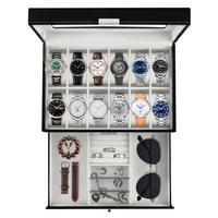 12 Slot PU Leather Lockable Watch Storage Boxes, Men & Women Jewelry Display Drawer Case, 2-tier Organizer Watch Showcase wit...
