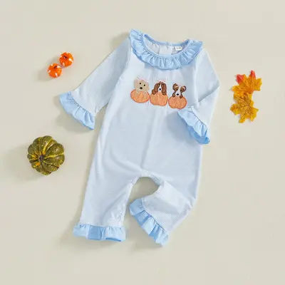 Infant Baby Girls Halloween Ruffles Romper Casual Dog Embroidery Striped Long Sleeve Jumpsuits Clothes 0-18 Months