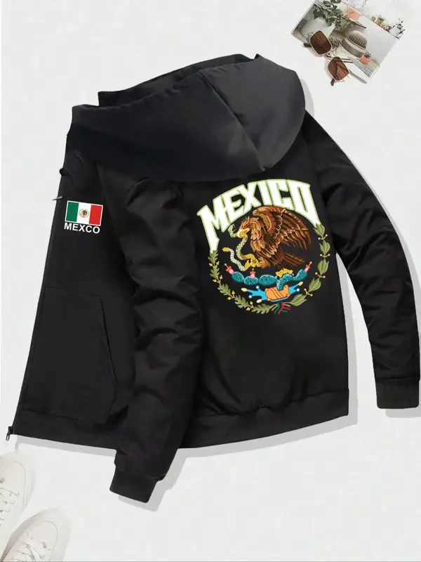 Men's Regular Fit Mexican Flag & Eagle Print Hoodie, Casual Letter Print Long Sleeve Hooded Sweatshirt for Fall & Winter, Men...