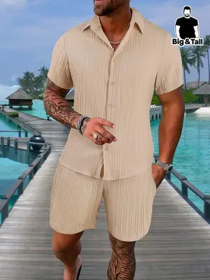 Two-Piece Set Men's Plus Size Textured Shirt & Drawstring Waist Shorts Set for Beach Vacation, Fashion Men's Clothes Set Out...