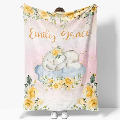 Little Elephant Gold Floral Custom Blanket With Name - Aperturee