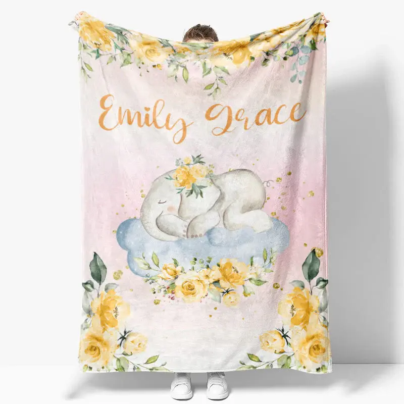 Little Elephant Gold Floral Custom Blanket With Name - Aperturee